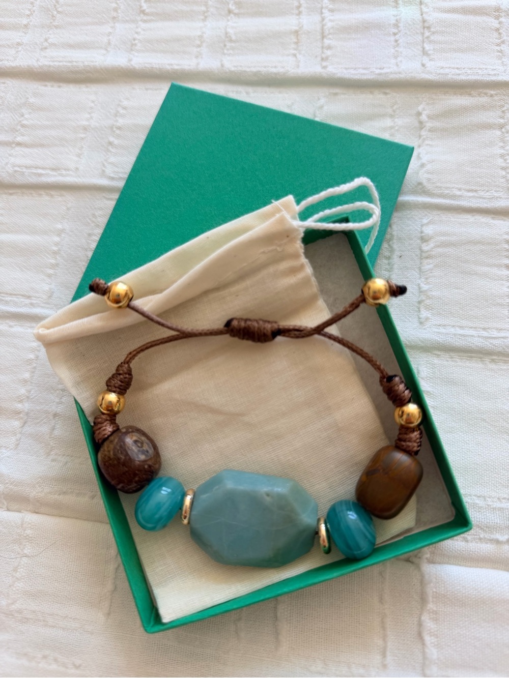 Natural Stone Turquoise Artisan Statement Bracelet Adjustable Gold Tone NWOT
